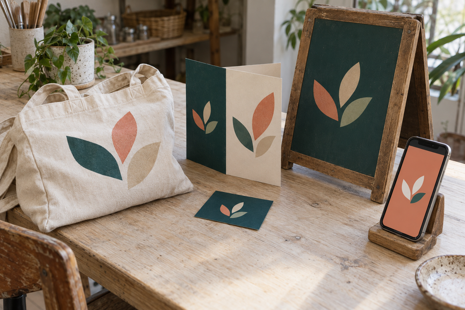 One small business's pieces in one matching look on a studio table: a tote bag, a folded card, a small A-board sign and a phone, each with the same leaf mark.